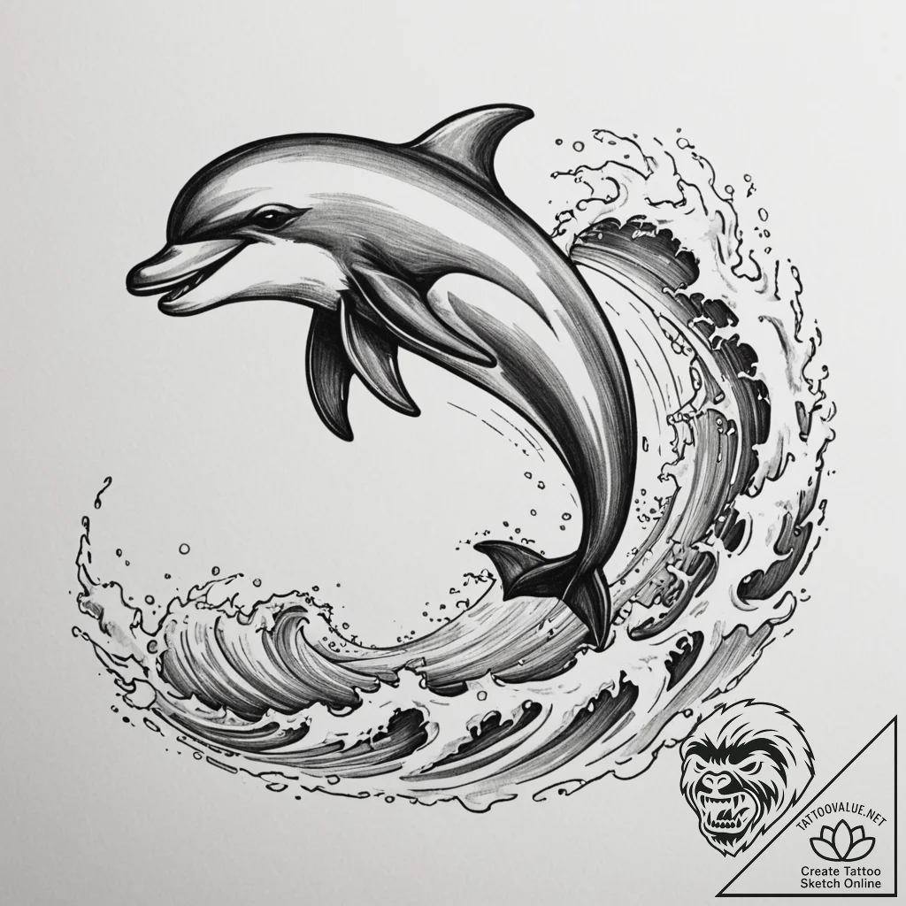 Tattoo design a graceful dolphin, leaping fro... - tattoo sketch (№1755076742_0, 13.08.2025 09:19) — tattoovalue.net