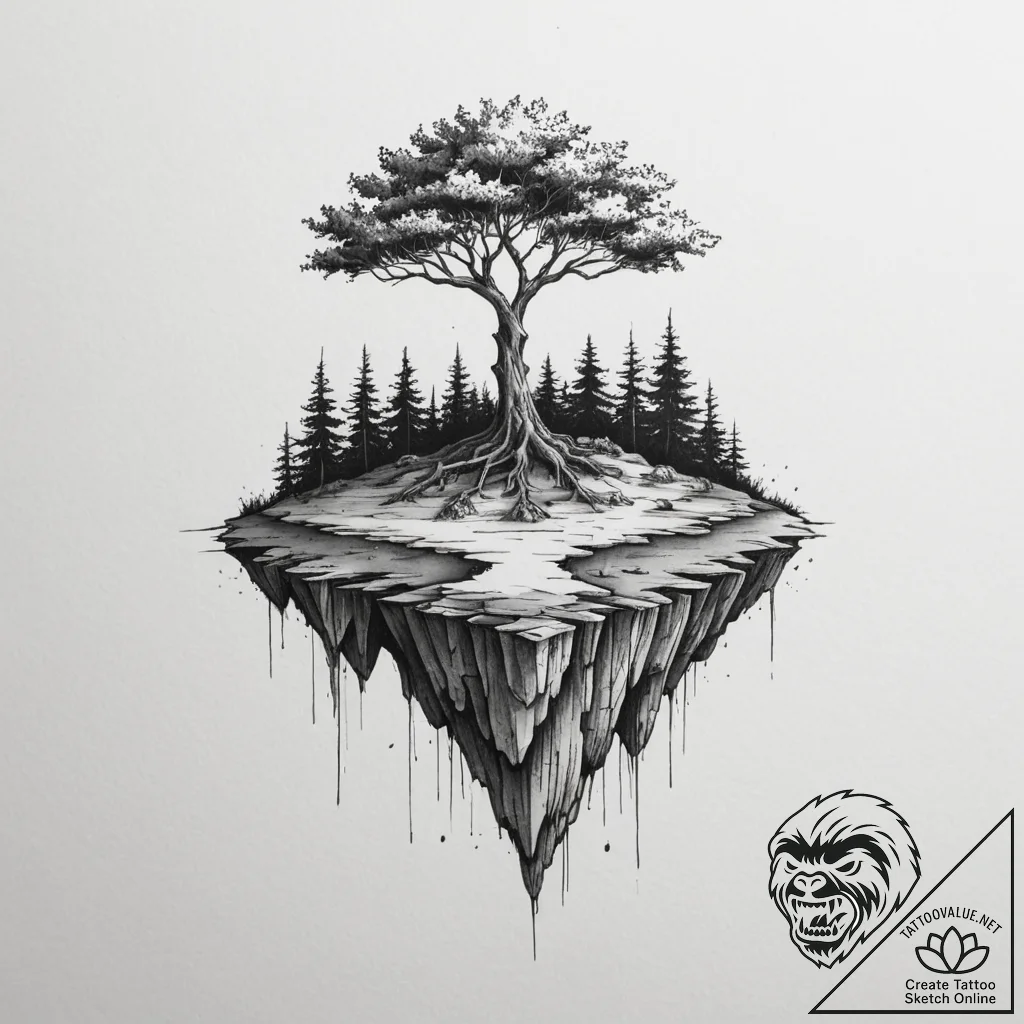 A floating island with a single tree, tattoo... - tattoo sketch (№1755082126_0, 13.08.2025 10:48) — tattoovalue.net
