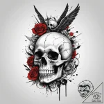 A skull used as an inkwell with a quill, tatt… – tattoo sketch (№1755082721_0, 13.08.2025 10:58) — tattoovalue.net