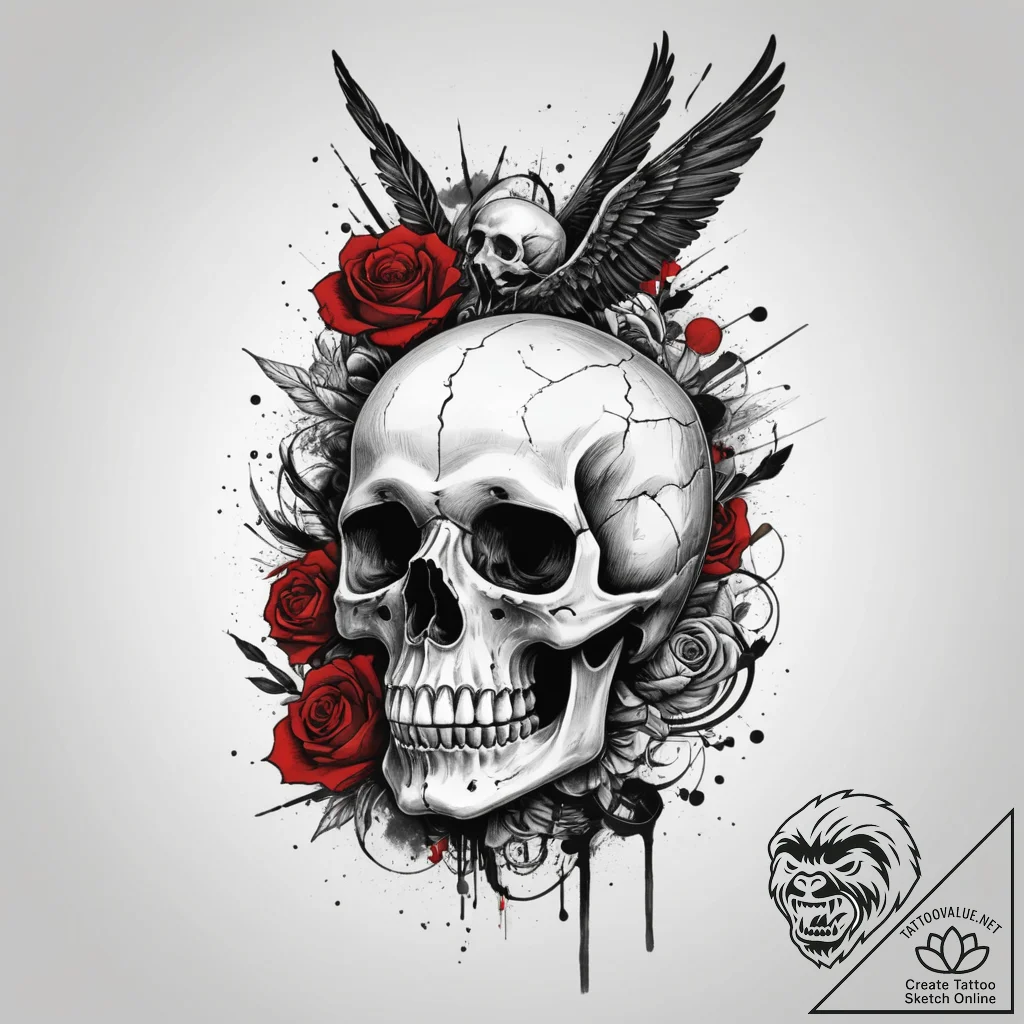 A skull used as an inkwell with a quill, tatt... - tattoo sketch (№1755082721_0, 13.08.2025 10:58) — tattoovalue.net