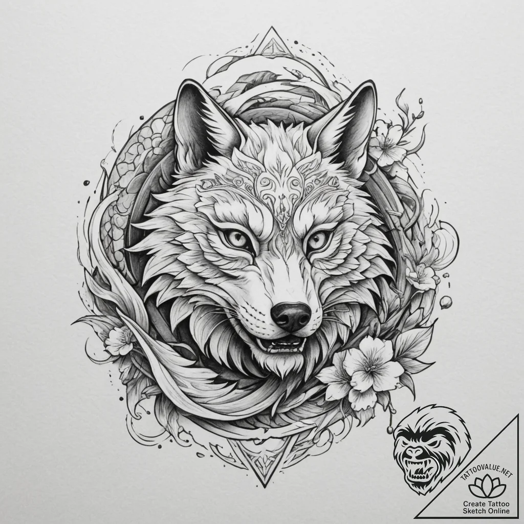 A sketch style tattoo of a wolf and a falcon,... - tattoo sketch (№1755084120_0, 13.08.2025 11:22) — tattoovalue.net
