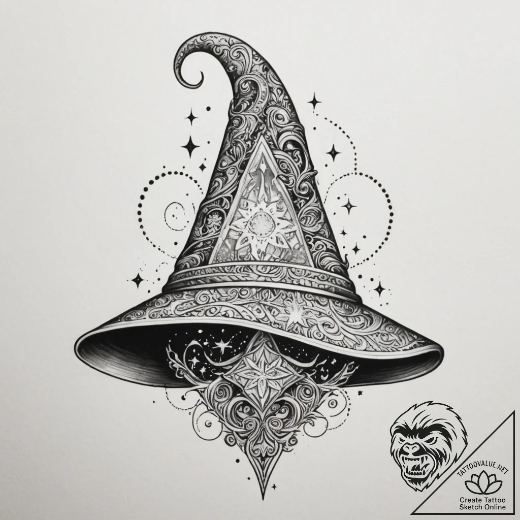 Tattoo sketch a wise old wizard's hat with gl... - tattoo sketch (№1755085512_0, 13.08.2025 11:45) — tattoovalue.net