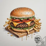 A juicy, gourmet cheeseburger with all the to… – tattoo sketch (№1755086517_0, 13.08.2025 12:01) — tattoovalue.net