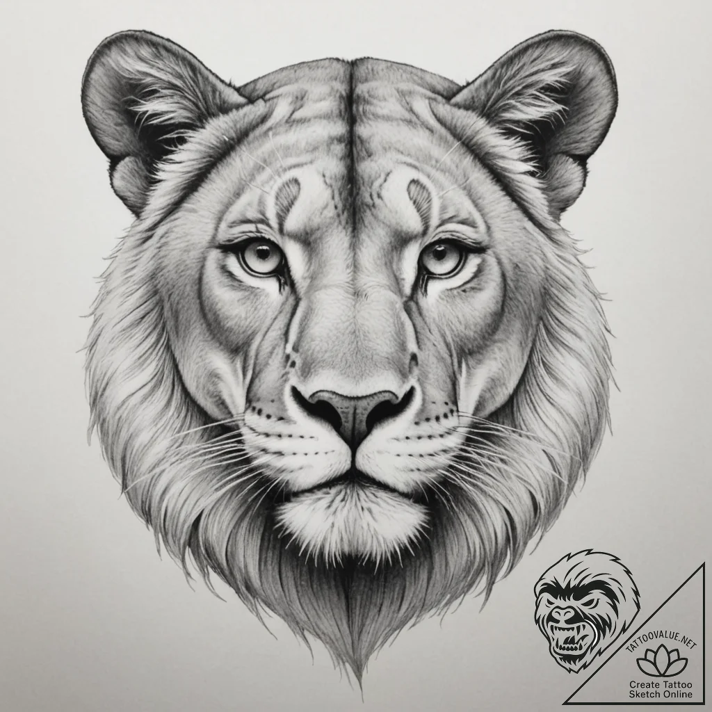 Tattoo sketch a powerful lioness face, serene... - tattoo sketch (№1755087900_0, 13.08.2025 12:25) — tattoovalue.net