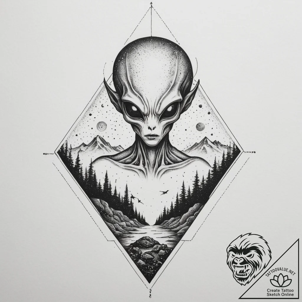 Alien landscape, artistic tattoo sketch, on a... - tattoo sketch (№1755088501_0, 13.08.2025 12:35) — tattoovalue.net