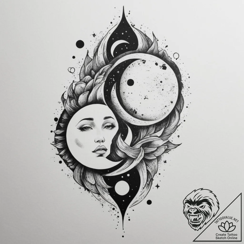 Tattoo sketch a celestial body split in half,... - tattoo sketch (№1755094704_0, 13.08.2025 14:18) — tattoovalue.net