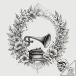A gramophone with flowers growing out of the… – tattoo sketch (№1755100736_0, 13.08.2025 15:58) — tattoovalue.net