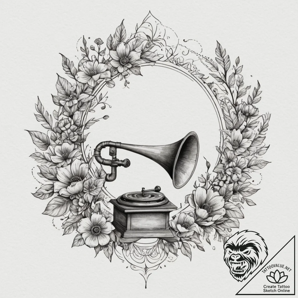 A gramophone with flowers growing out of the... - tattoo sketch (№1755100736_0, 13.08.2025 15:58) — tattoovalue.net