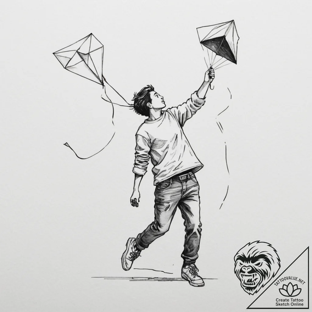 A person flying a kite on a windy day., tatto... - tattoo sketch (№1755101535_0, 13.08.2025 16:12) — tattoovalue.net