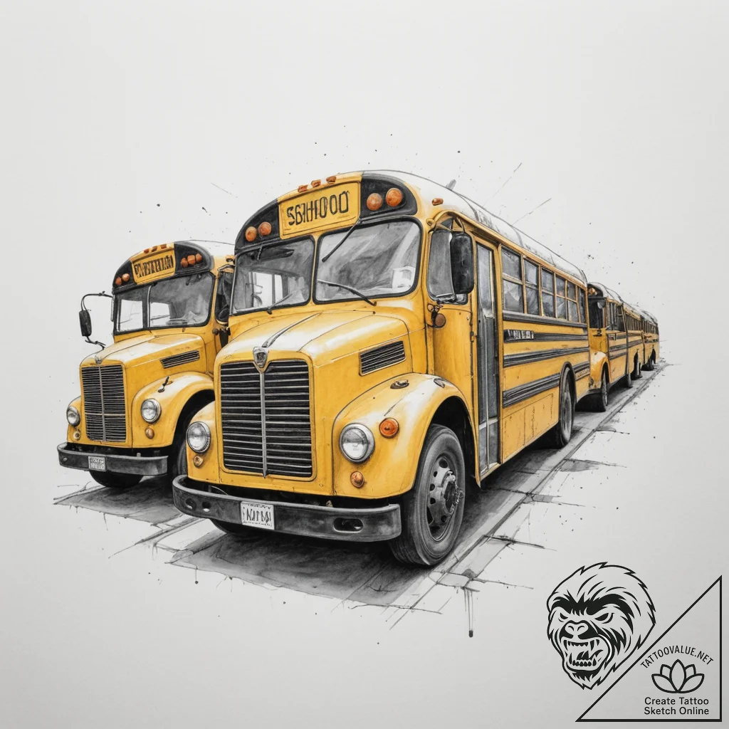 A row of yellow school buses parked in a lot.... - tattoo sketch (№1755102929_0, 13.08.2025 16:35) — tattoovalue.net