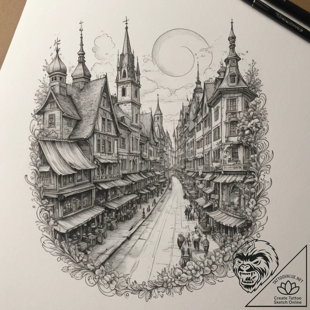 Tattoo design a vibrant market street from a... - tattoo sketch (№1755104305_0, 13.08.2025 16:58) — tattoovalue.net