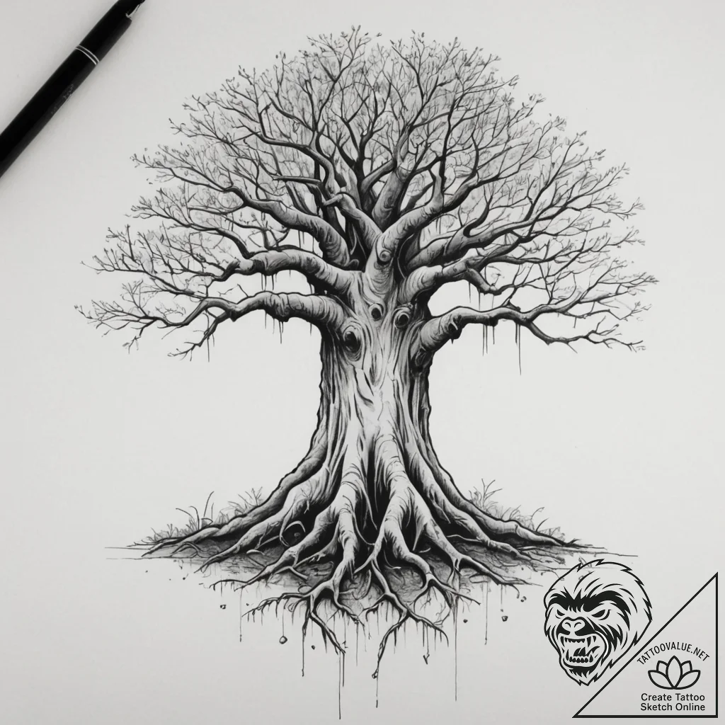 Tattoo design a powerful, ancient banyan tree... - tattoo sketch (№1755105093_0, 13.08.2025 17:11) — tattoovalue.net