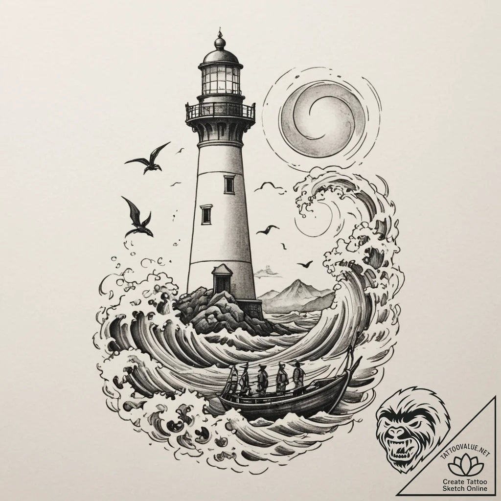 Tattoo sketch a lighthouse beam connecting tw... - tattoo sketch (№1755105683_0, 13.08.2025 17:21) — tattoovalue.net