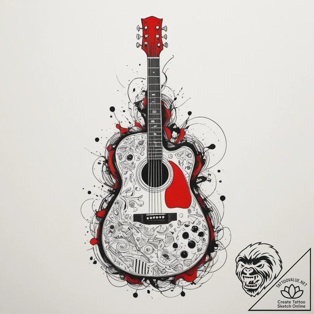 Guitar, tattoo drawing outline, on a clean wh... - tattoo sketch (№1755105879_0, 13.08.2025 17:24) — tattoovalue.net