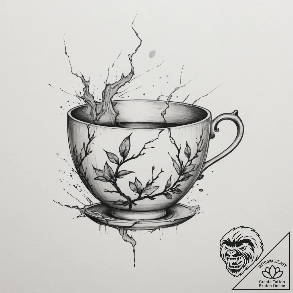 Broken teacup (kintsugi style), tattoo sketch... - tattoo sketch (№1755106666_0, 13.08.2025 17:37) — tattoovalue.net