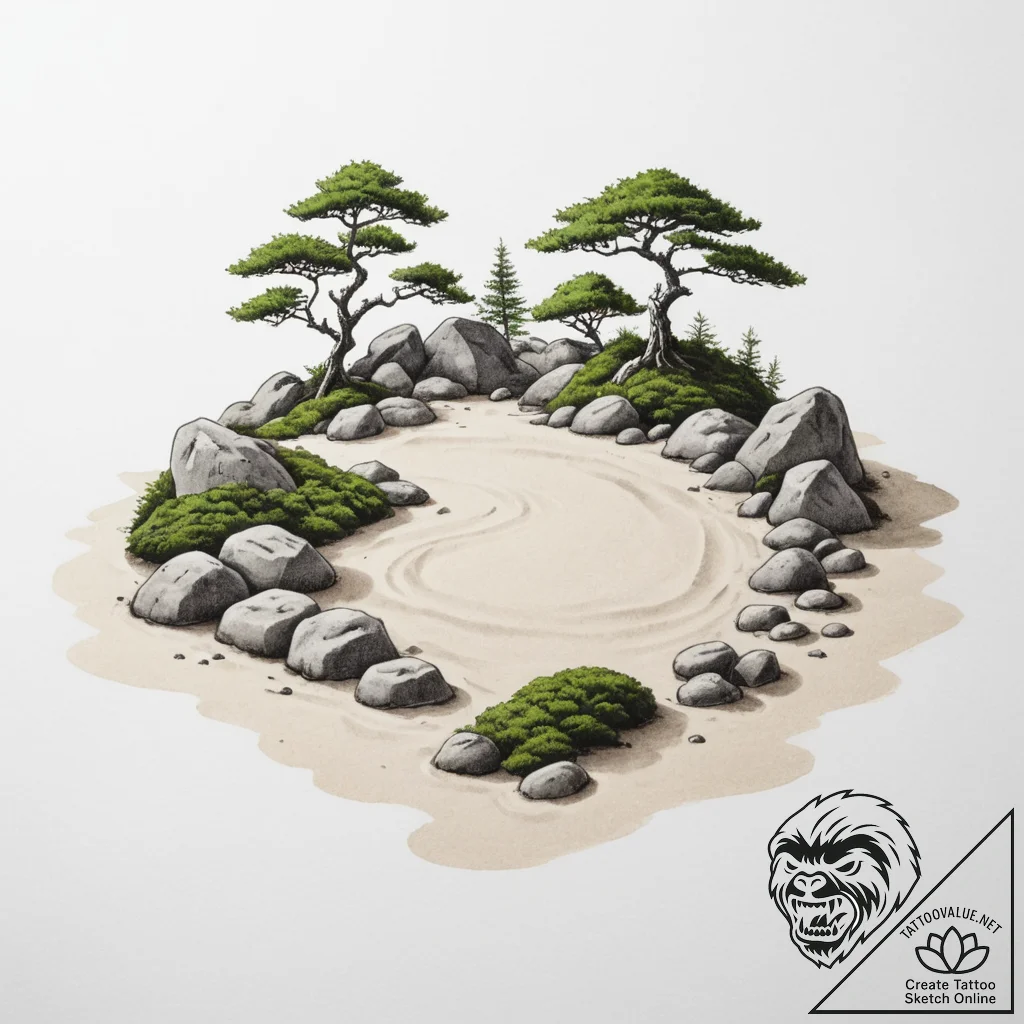 A serene japanese zen garden with raked sand... - tattoo sketch (№1755108840_0, 13.08.2025 18:14) — tattoovalue.net