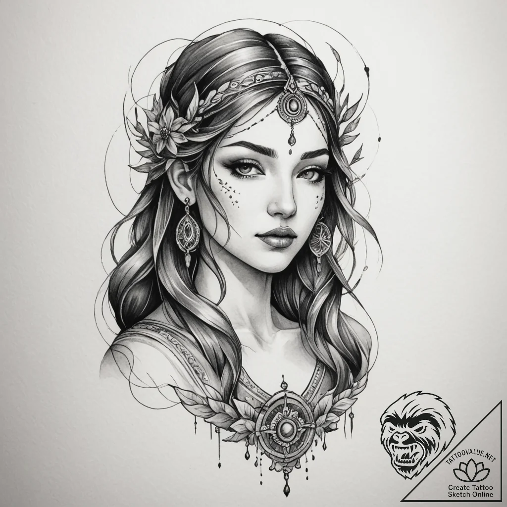 An elegant tattoo sketch of the goddess mokos... - tattoo sketch (№1755111819_0, 13.08.2025 19:03) — tattoovalue.net