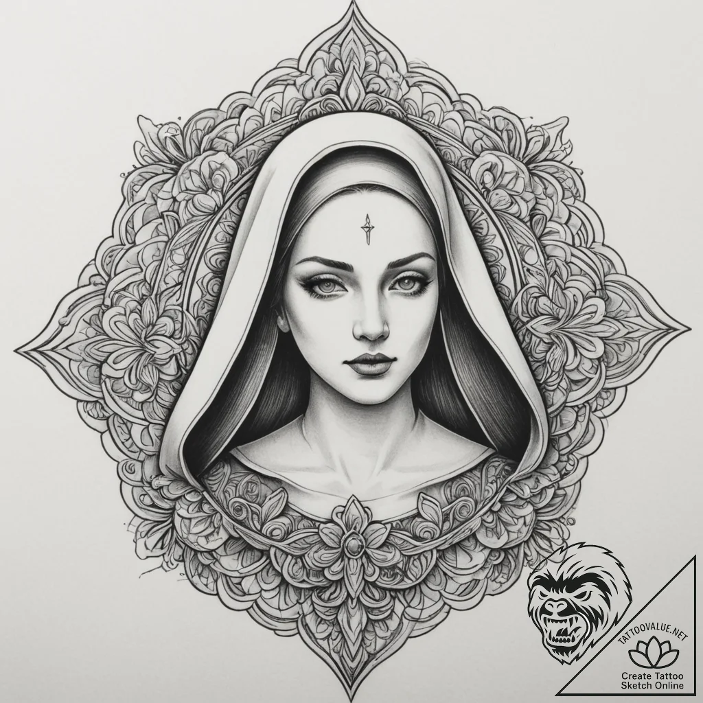 Nun, tattoo flash sheet design, clean lines,... - tattoo sketch (№1755112611_0, 13.08.2025 19:16) — tattoovalue.net