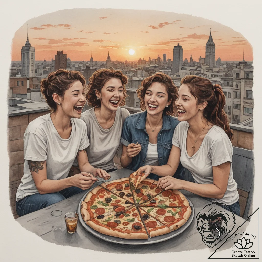 A candid shot of friends sharing a pizza and... - tattoo sketch (№1755113008_0, 13.08.2025 19:23) — tattoovalue.net
