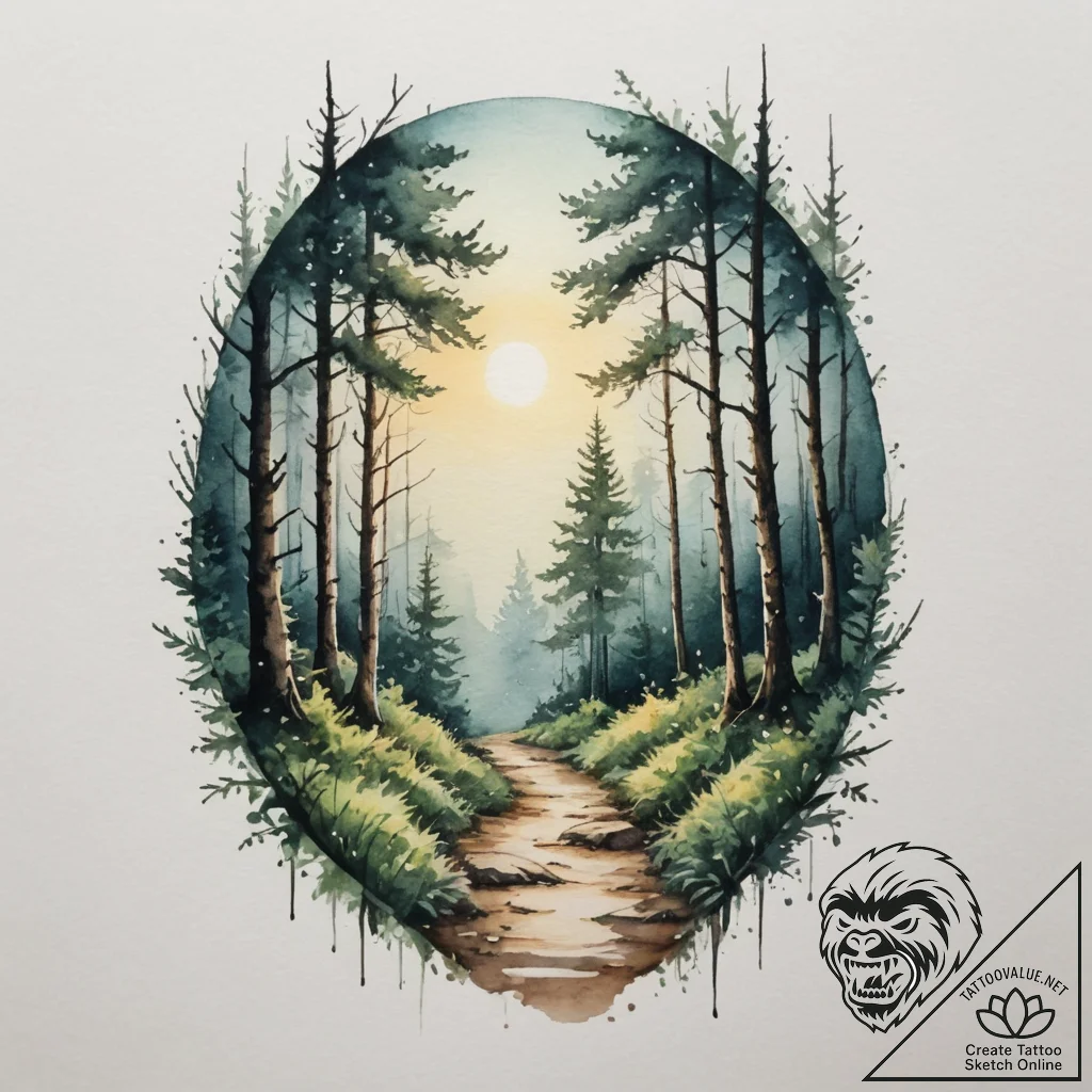 Tattoo design a tranquil forest path leading... - tattoo sketch (№1755113603_0, 13.08.2025 19:33) — tattoovalue.net