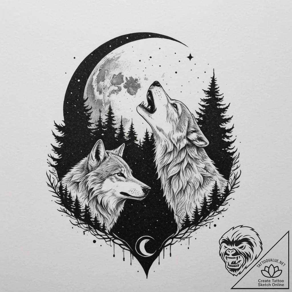 Tattoo design a wolf pack howling together un... - tattoo sketch (№1755116379_0, 13.08.2025 20:19) — tattoovalue.net