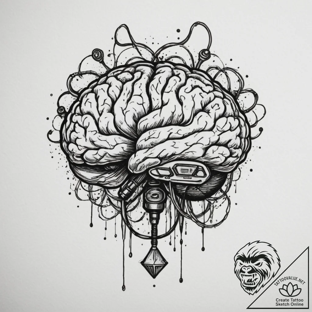 Tattoo design a brain connected to a game con... - tattoo sketch (№1755117190_0, 13.08.2025 20:33) — tattoovalue.net