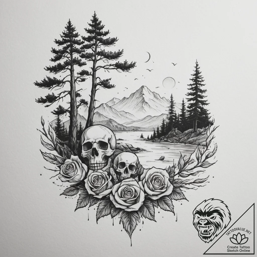 A shot of a line of wind-swept cypress trees... - tattoo sketch (№1755118393_0, 13.08.2025 20:53) — tattoovalue.net