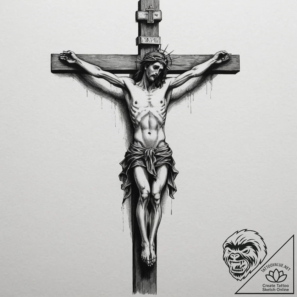 Crucifixion, tattoo sketch design, sepia tone... - tattoo sketch (№1755118996_0, 13.08.2025 21:03) — tattoovalue.net