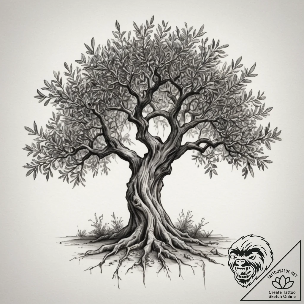 An old, gnarled olive tree in a grove in gree... - tattoo sketch (№1755120395_0, 13.08.2025 21:26) — tattoovalue.net