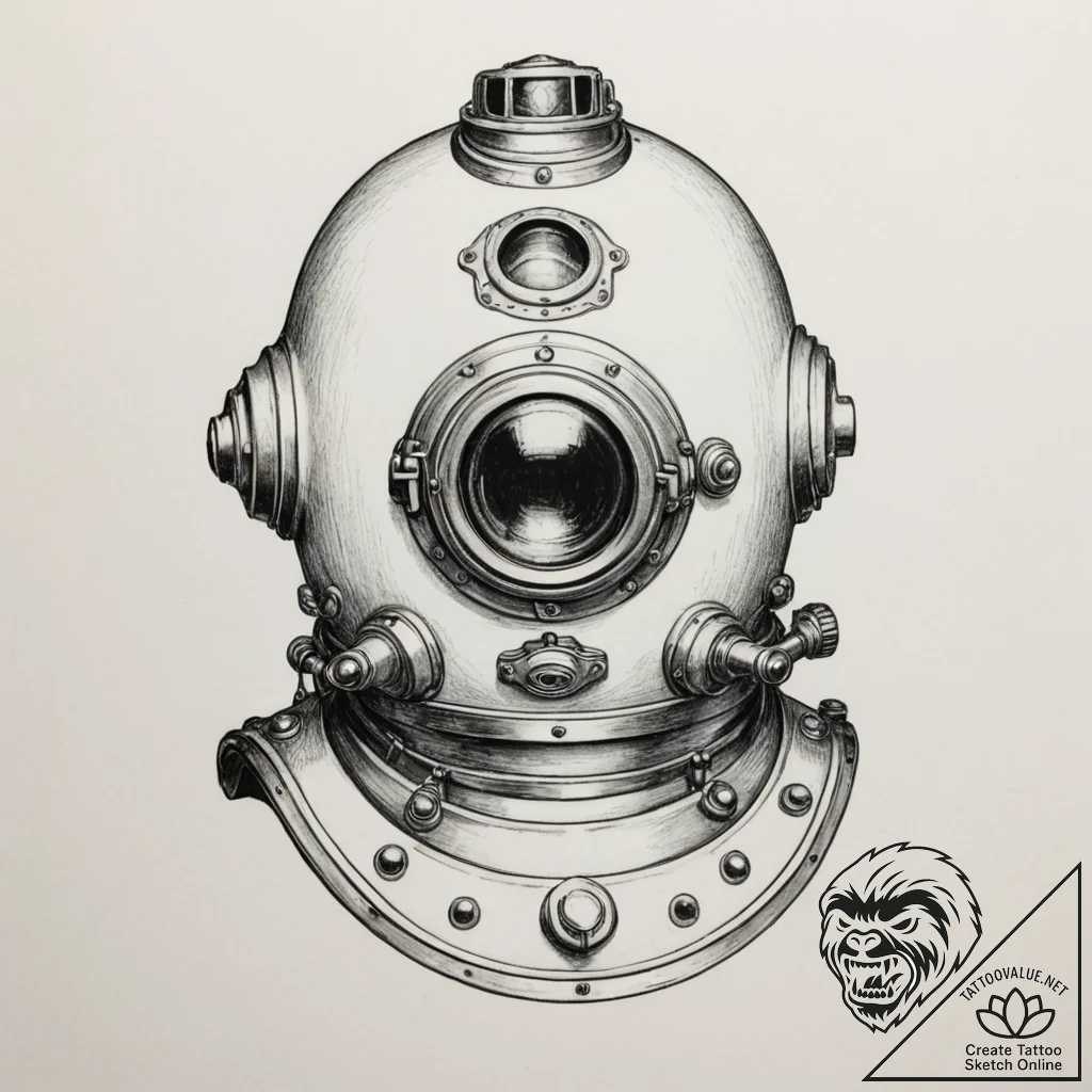 Antique diving helmet, tattoo drawing outline... - tattoo sketch (№1755122384_0, 13.08.2025 21:59) — tattoovalue.net