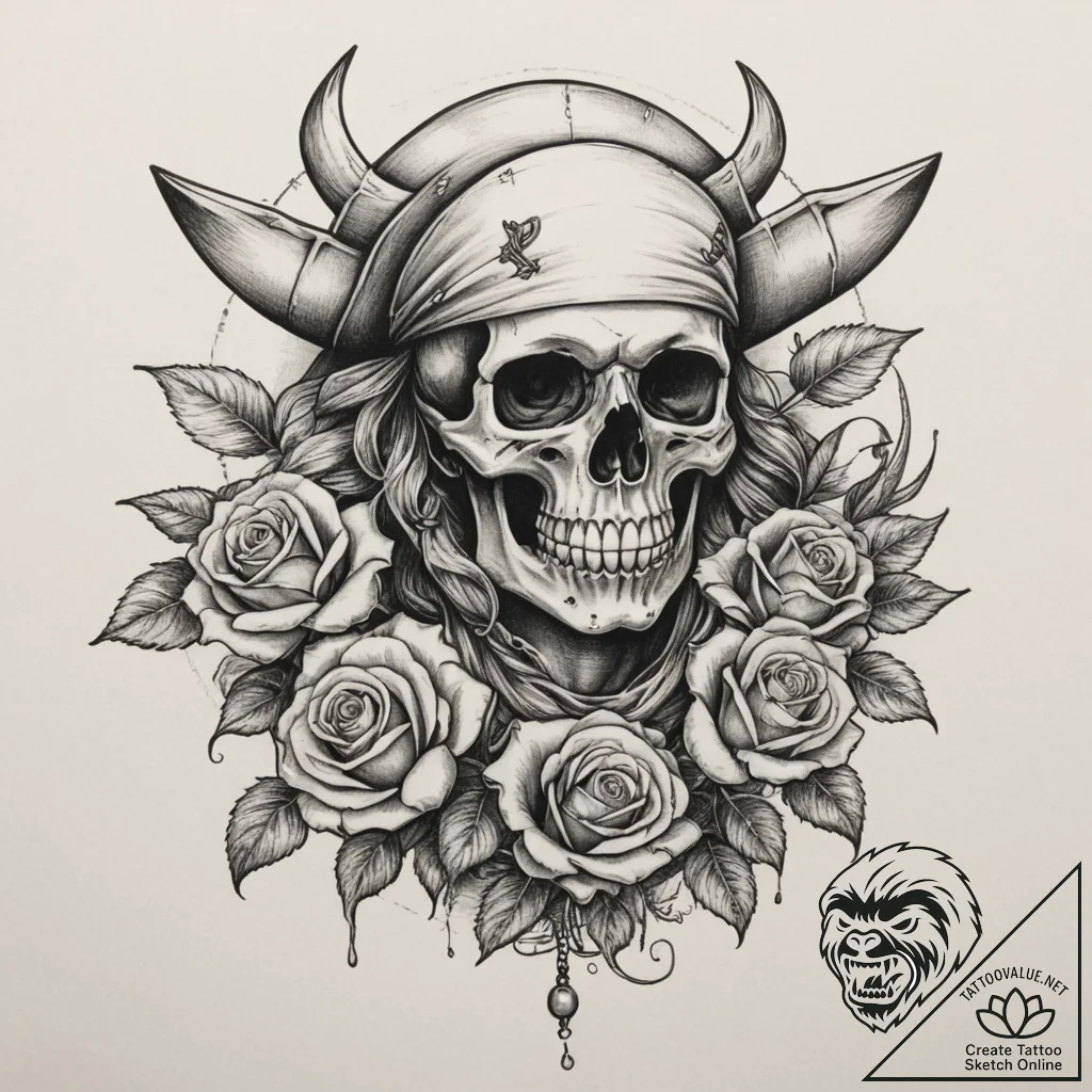 Pirate, ink illustration for tattoo, sepia to... - tattoo sketch (№1755123179_0, 13.08.2025 22:12) — tattoovalue.net