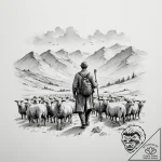 A shot of a shepherd guiding a flock of sheep… – tattoo sketch (№1755124375_0, 13.08.2025 22:32) — tattoovalue.net