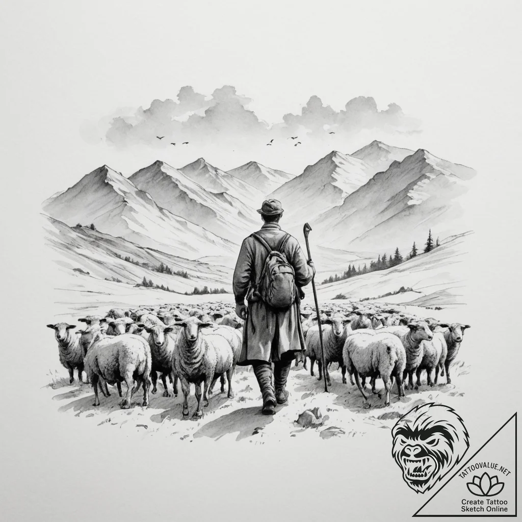 A shot of a shepherd guiding a flock of sheep... - tattoo sketch (№1755124375_0, 13.08.2025 22:32) — tattoovalue.net