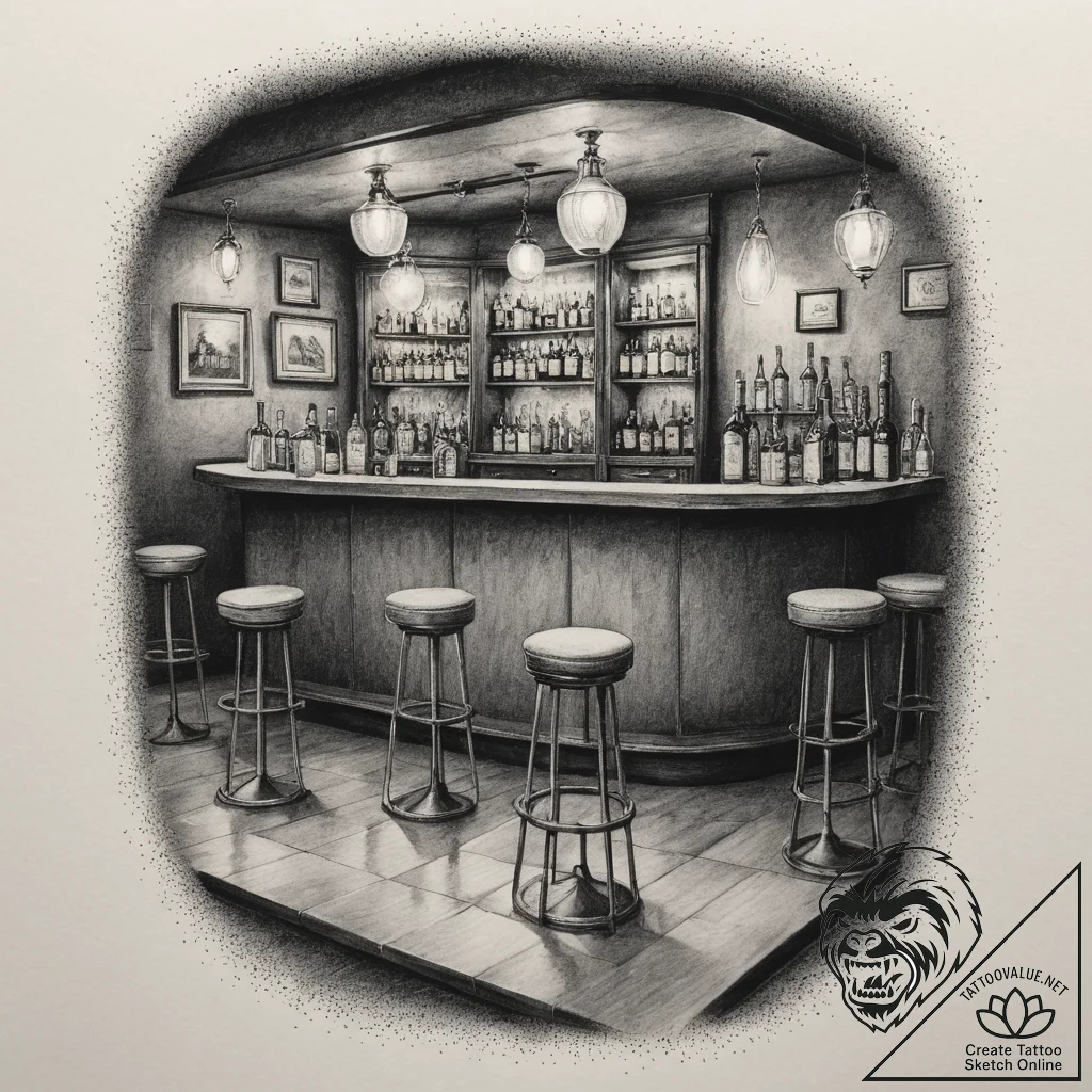 A dimly lit, atmospheric speakeasy bar with v... - tattoo sketch (№1755126179_0, 13.08.2025 23:02) — tattoovalue.net