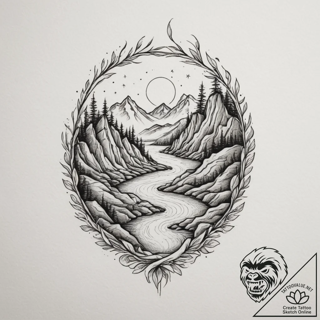 Tattoo design a flowing river carving its way... - tattoo sketch (№1755128192_0, 13.08.2025 23:36) — tattoovalue.net