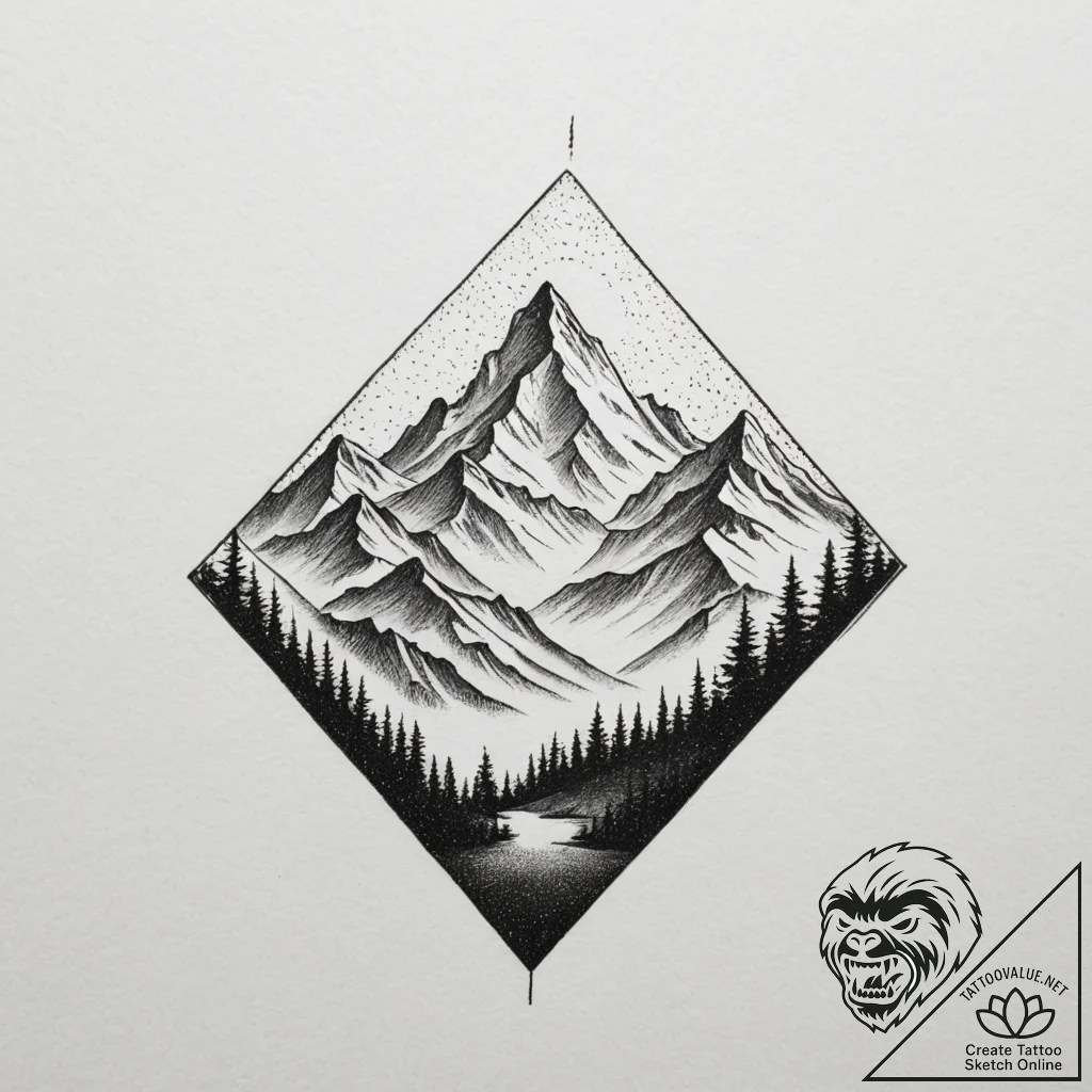 Mountains, tattoo drawing outline, sepia tone... - tattoo sketch (№1755128592_0, 13.08.2025 23:43) — tattoovalue.net