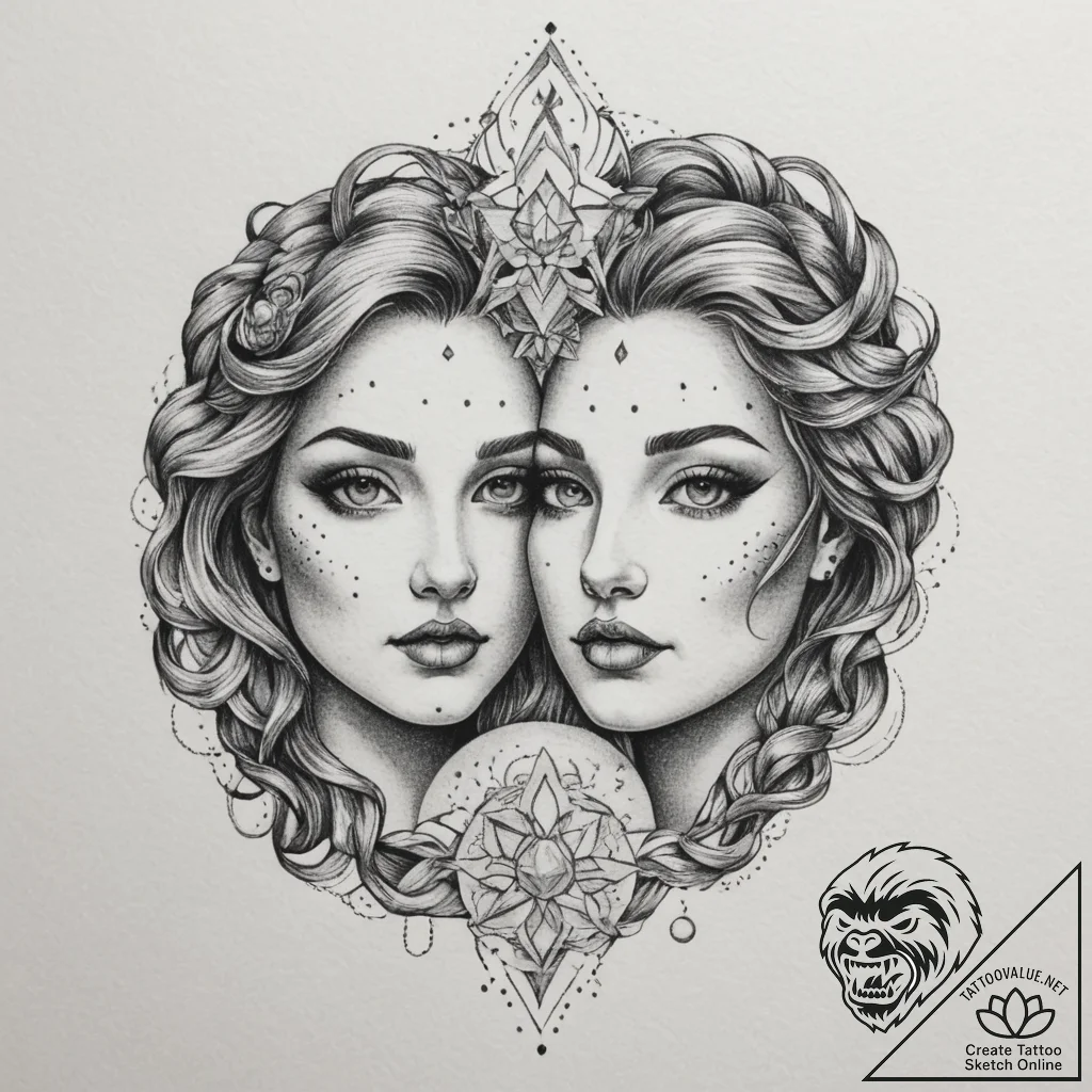 Tattoo sketch gemini faces in detailed dotwor... - tattoo sketch (№1755128797_0, 13.08.2025 23:46) — tattoovalue.net