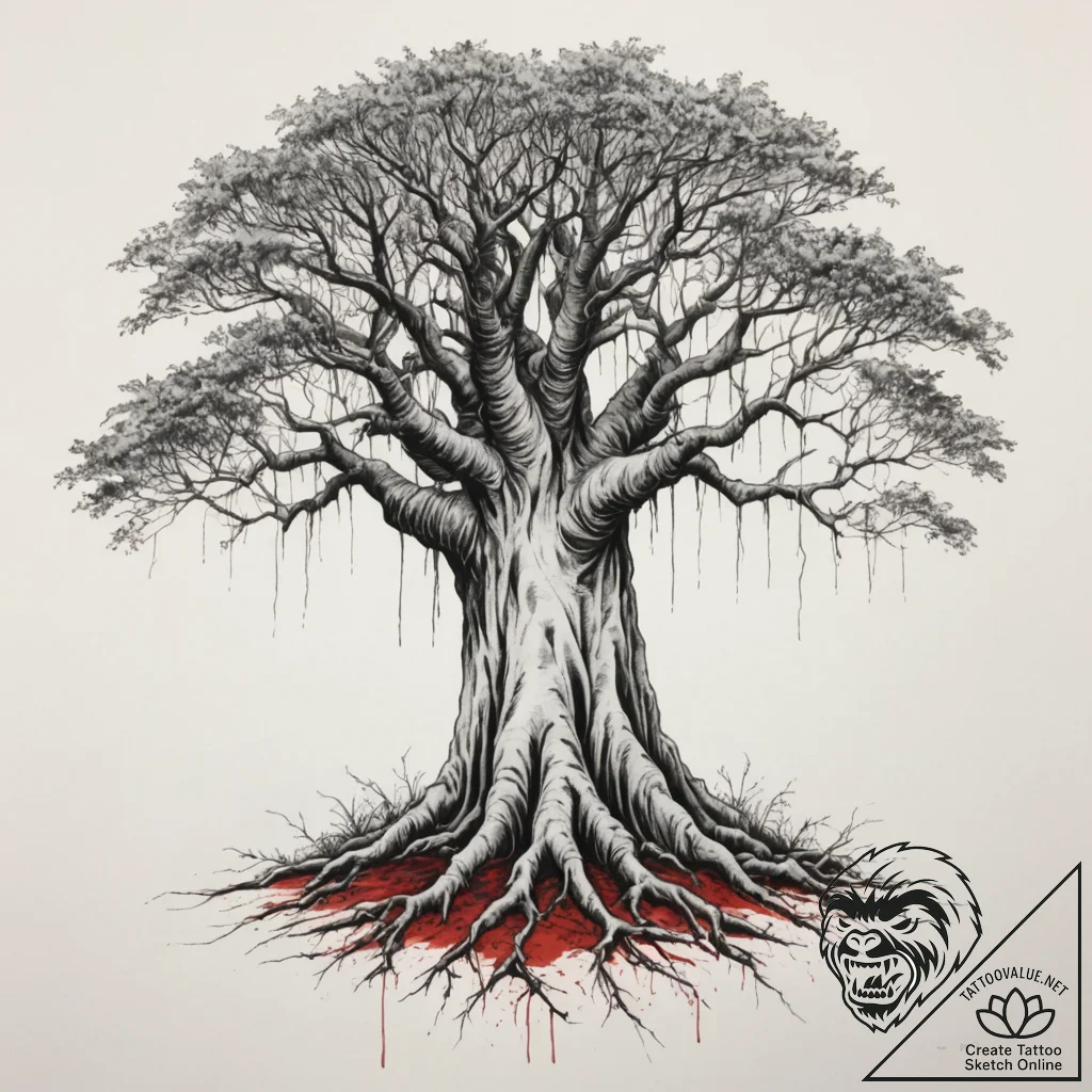 Tattoo design a powerful, ancient banyan tree... - tattoo sketch (№1755130008_0, 14.08.2025 00:06) — tattoovalue.net