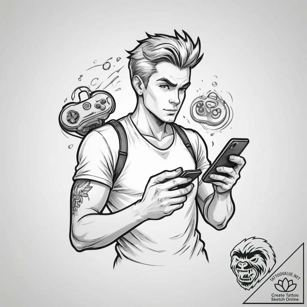 Tattoo design a retro gaming character holdin... - tattoo sketch (№1755132813_0, 14.08.2025 00:53) — tattoovalue.net