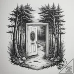 An open door in the middle of a forest leadin… – tattoo sketch (№1755135819_0, 14.08.2025 01:43) — tattoovalue.net
