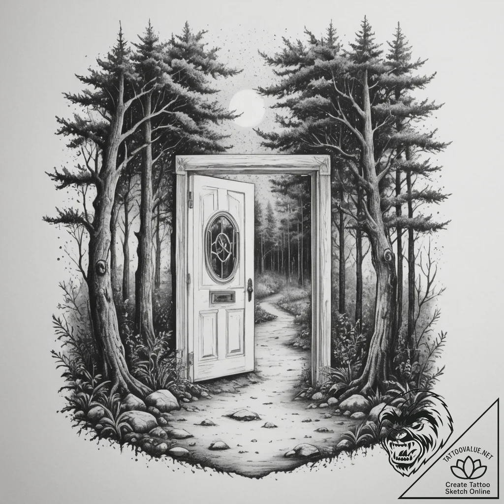 An open door in the middle of a forest leadin... - tattoo sketch (№1755135819_0, 14.08.2025 01:43) — tattoovalue.net