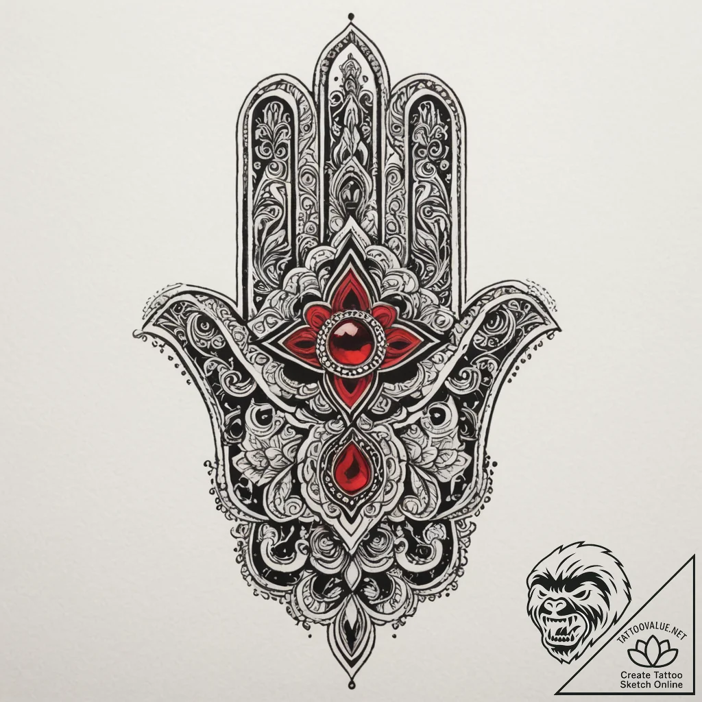 Tattoo design a hamsa hand with an added masc... - tattoo sketch (№1755136218_0, 14.08.2025 01:50) — tattoovalue.net