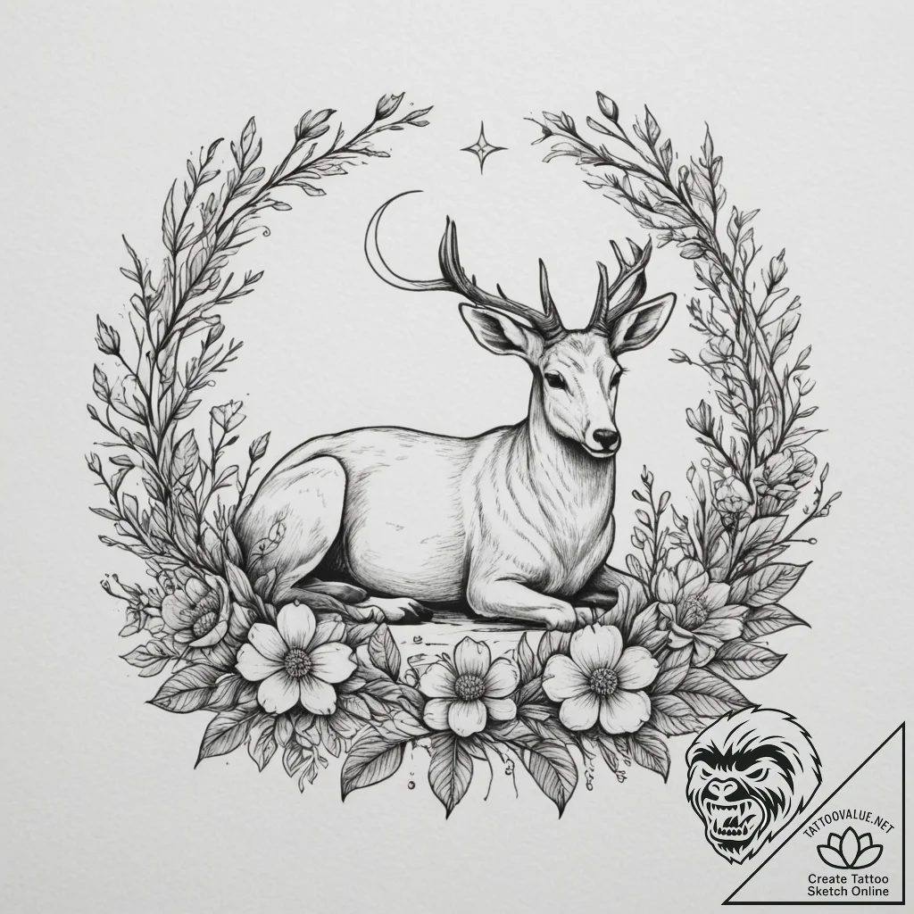 Tattoo sketch a zodiac animal resting among a... - tattoo sketch (№1755136814_0, 14.08.2025 02:00) — tattoovalue.net