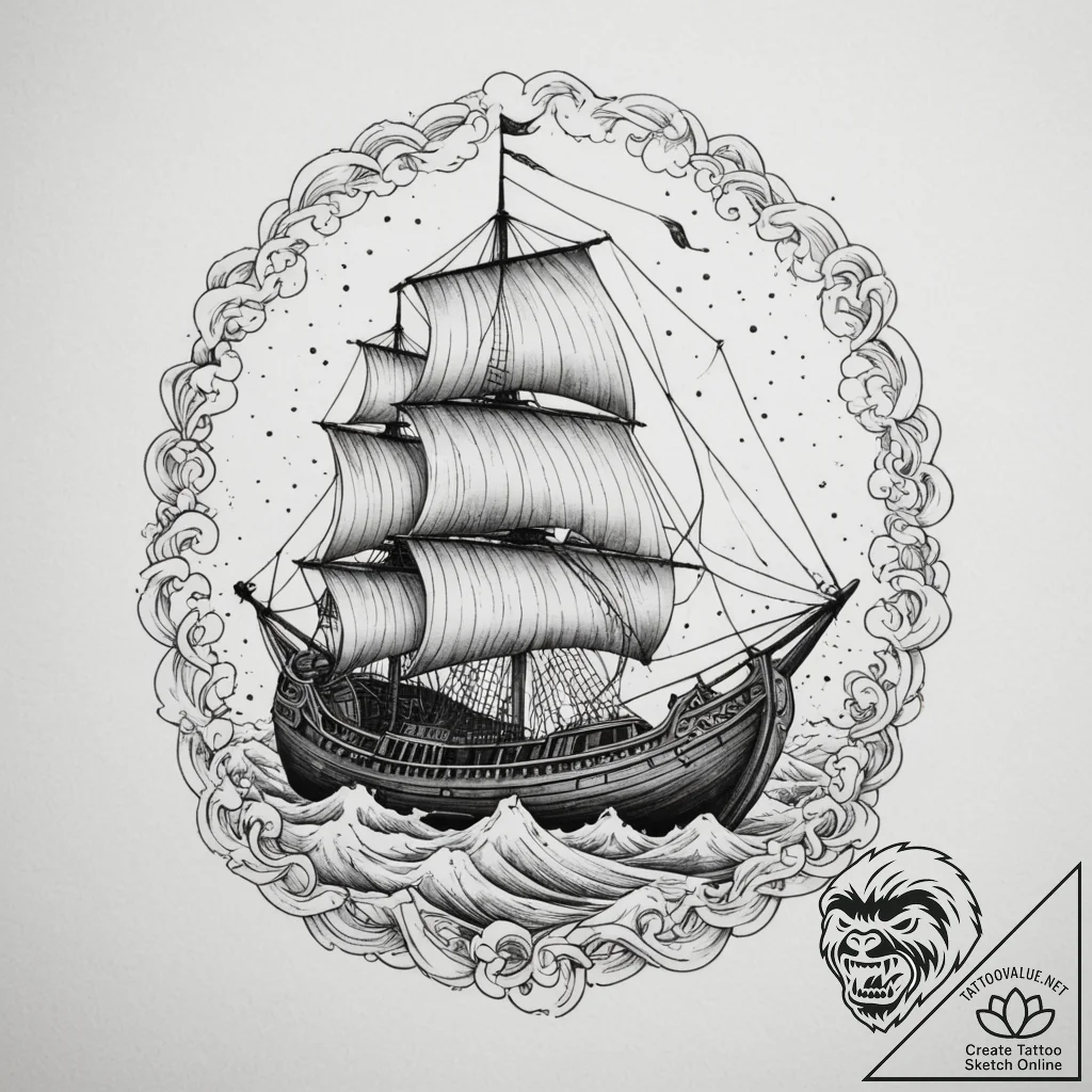 Viking longship in a storm, tattoo drawing ou... - tattoo sketch (№1755138827_0, 14.08.2025 02:33) — tattoovalue.net