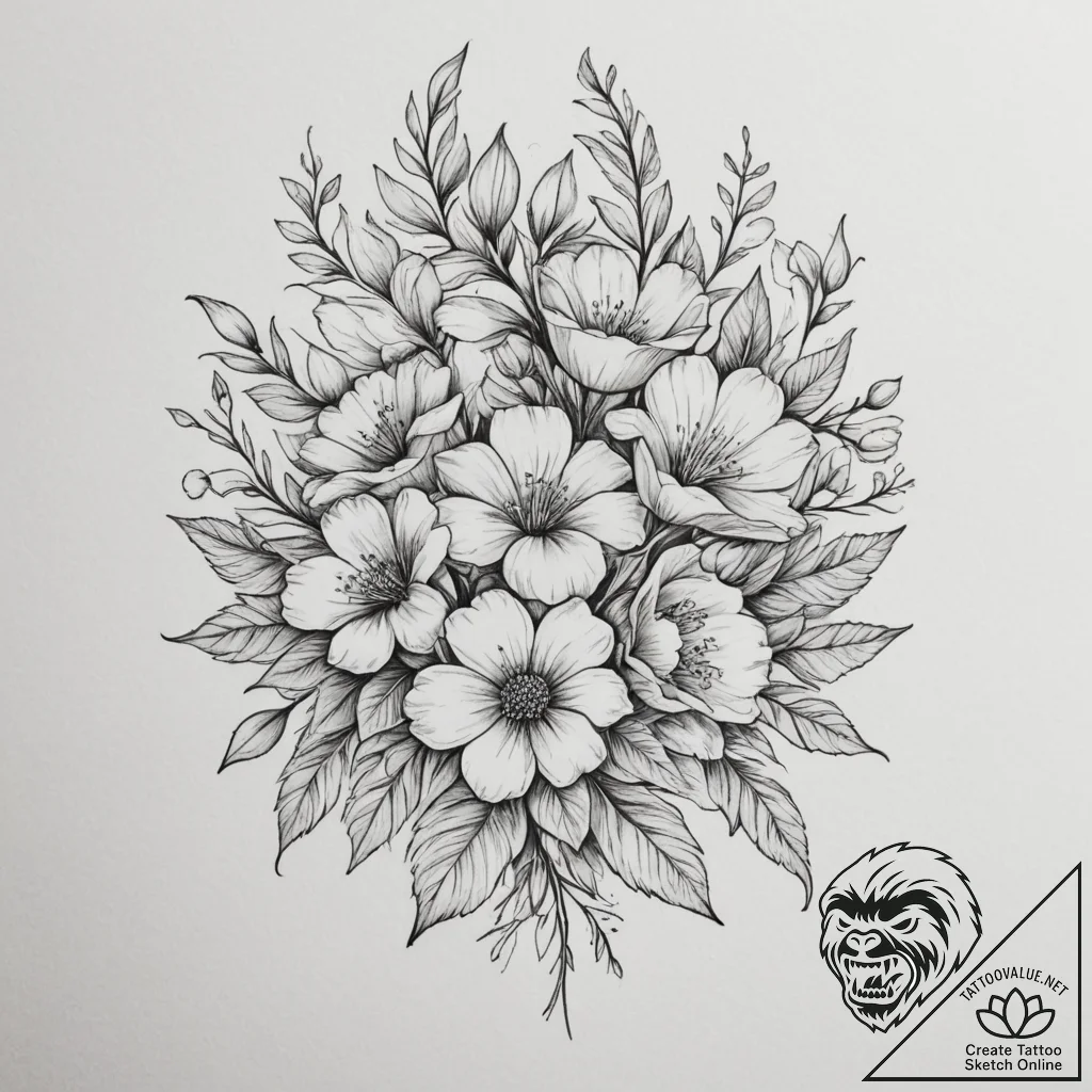 Tattoo design a bouquet of birth flowers for... - tattoo sketch (№1755143853_0, 14.08.2025 03:57) — tattoovalue.net