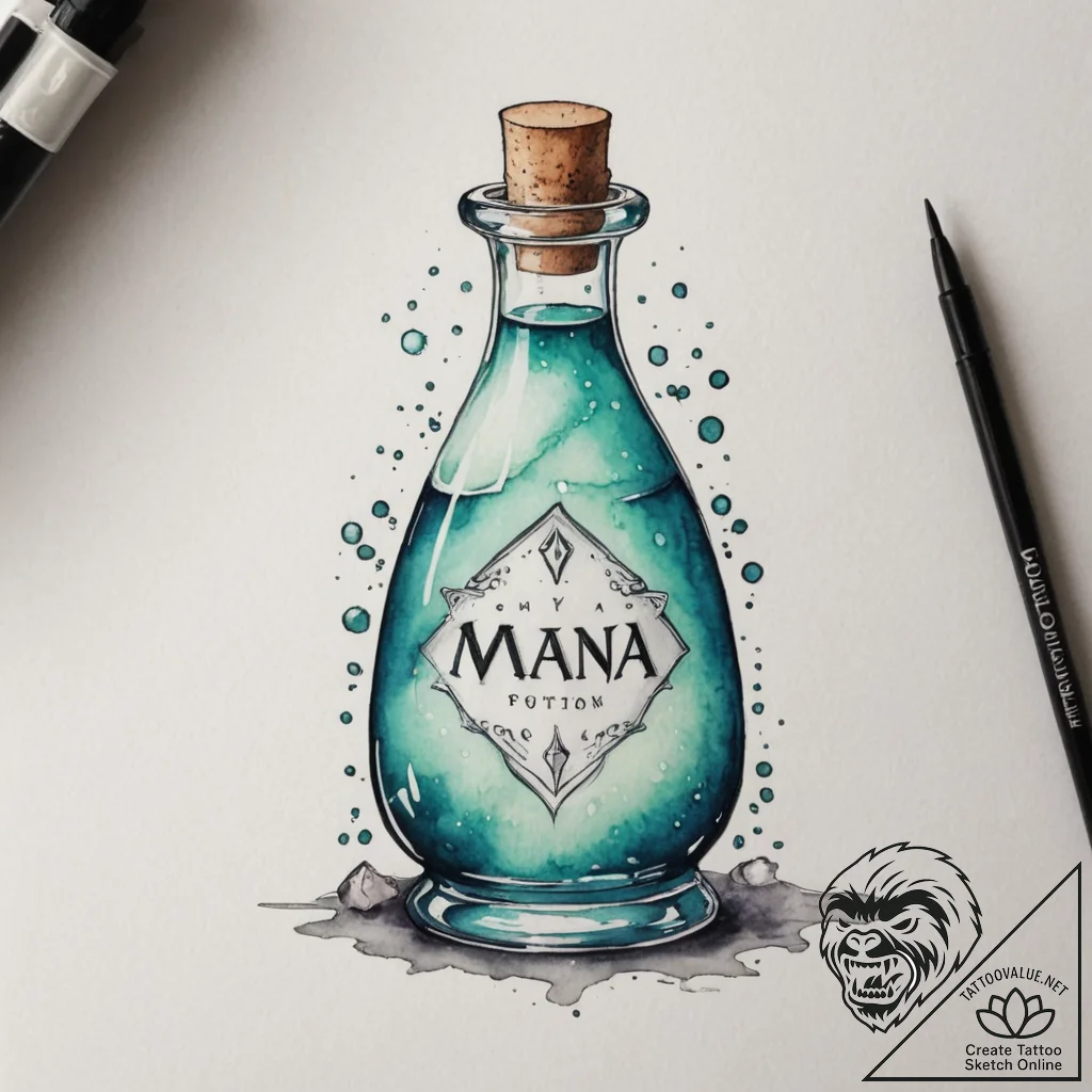 Tattoo sketch a potion bottle labeled "mana"... - tattoo sketch (№1755145450_0, 14.08.2025 04:24) — tattoovalue.net