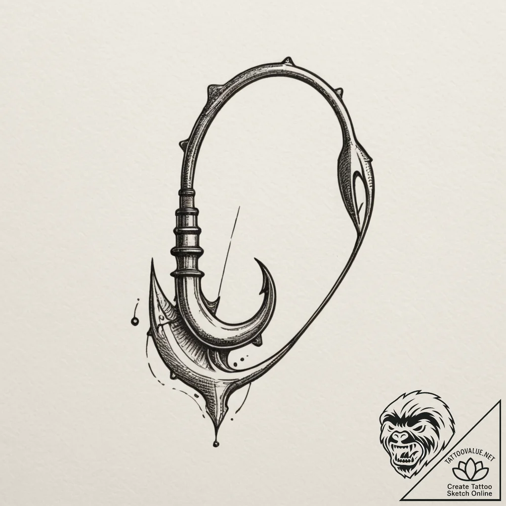Tattoo design a powerful, simple fishing hook... - tattoo sketch (№1755147663_0, 14.08.2025 05:01) — tattoovalue.net
