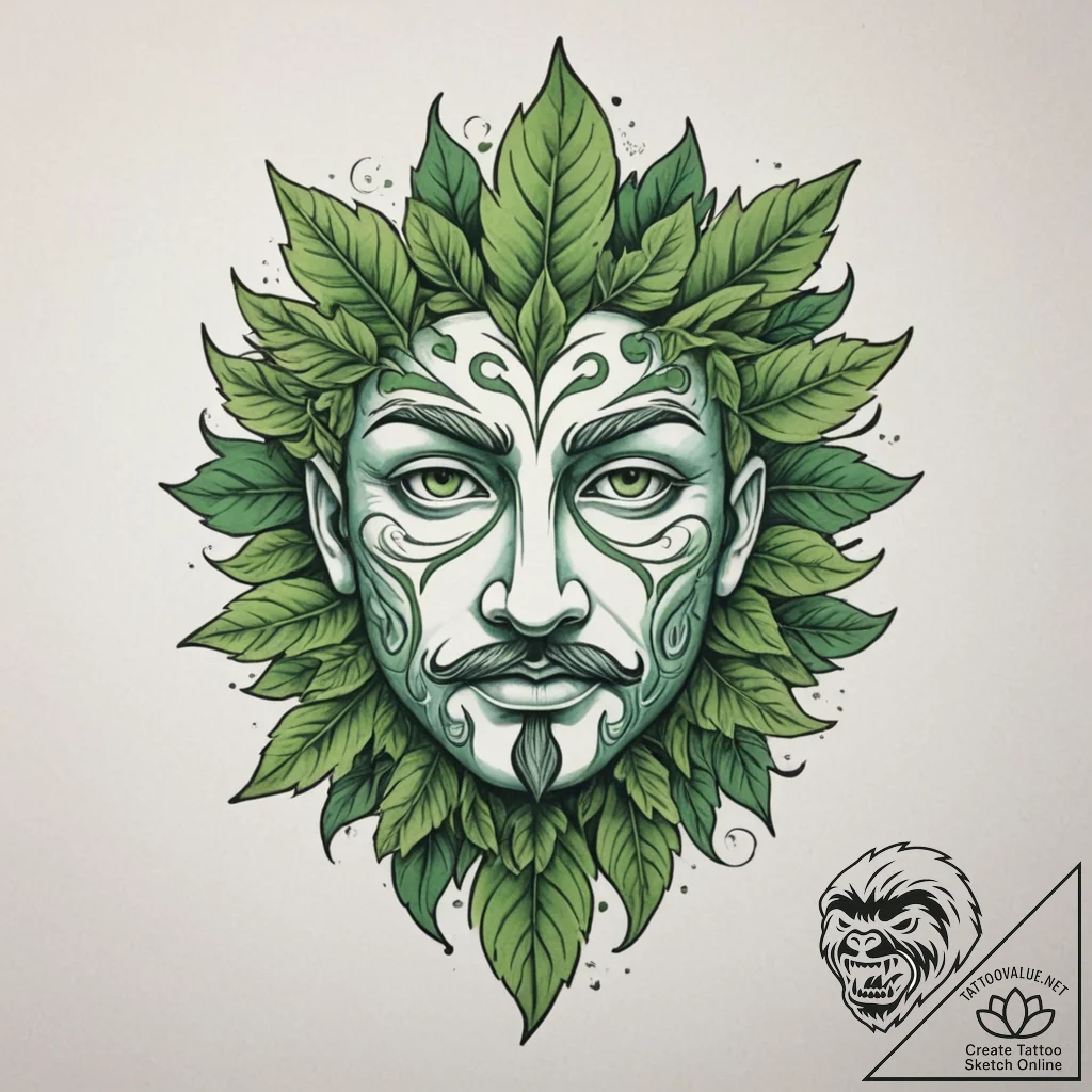 The green man face made of leaves, tattoo ske... - tattoo sketch (№1755149246_0, 14.08.2025 05:27) — tattoovalue.net