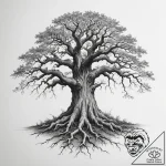 Tattoo sketch a gnarled, ancient oak tree wit… – tattoo sketch (№1755150235_0, 14.08.2025 05:43) — tattoovalue.net