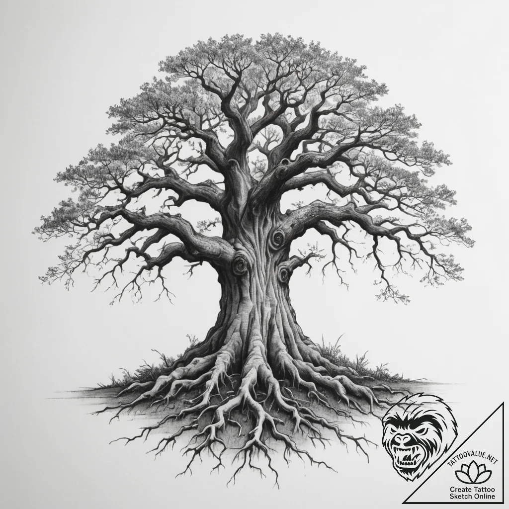 Tattoo sketch a gnarled, ancient oak tree wit... - tattoo sketch (№1755150235_0, 14.08.2025 05:43) — tattoovalue.net